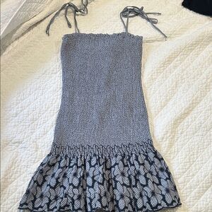 Smocked Sundress with Floral-Print Ruffle Hem in Light blue and Navy